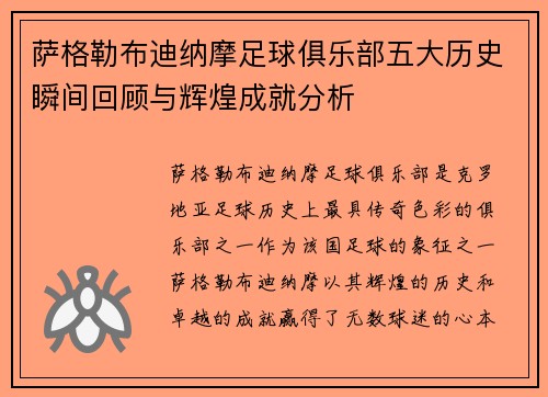 萨格勒布迪纳摩足球俱乐部五大历史瞬间回顾与辉煌成就分析